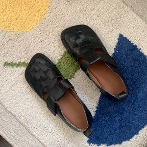 Square Toe Leather Woven Mary Janes Flats
